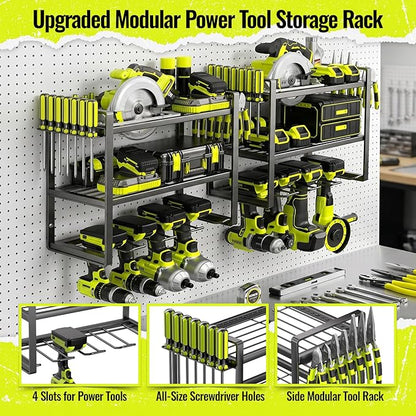 Power Tool Organizer Wall Mount 2 Pack, 4 Drill Holder, Garage Tool Storage and Organization Rack, Heavy Duty Wall Mounted Cordless Drill Organizer, Compatible with Ryobi Tools
