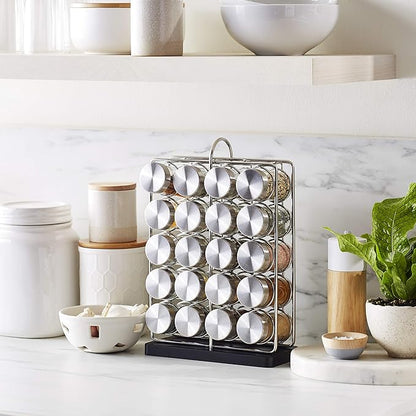 Amazon Basics 20 Jars Spice Rack Organizer, Space-Saving Kitchen Organizer with Glass Spice Jars, Sturdy, Silver