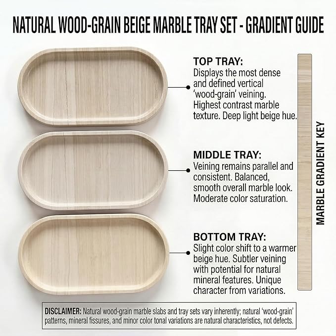 YKAJO Oval Real Marble Tray for Bathroom Kitchen Counter Stone Decorative Vanity Tray for Dresser Perfume Heavy Catchall Organizer for Soap Jewelry (Wooden Vein Beige, 11.8" x 5.9")