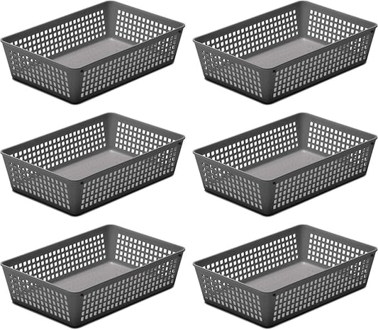 YBM HOME 6-Pack Plastic Storage Baskets Bins for Home Junk Drawer, Shelves, and Office Organization, Functional Trays/Containers Great for Kitchen Pantry, Cabinets, Bedrooms, and Bathrooms, Grey