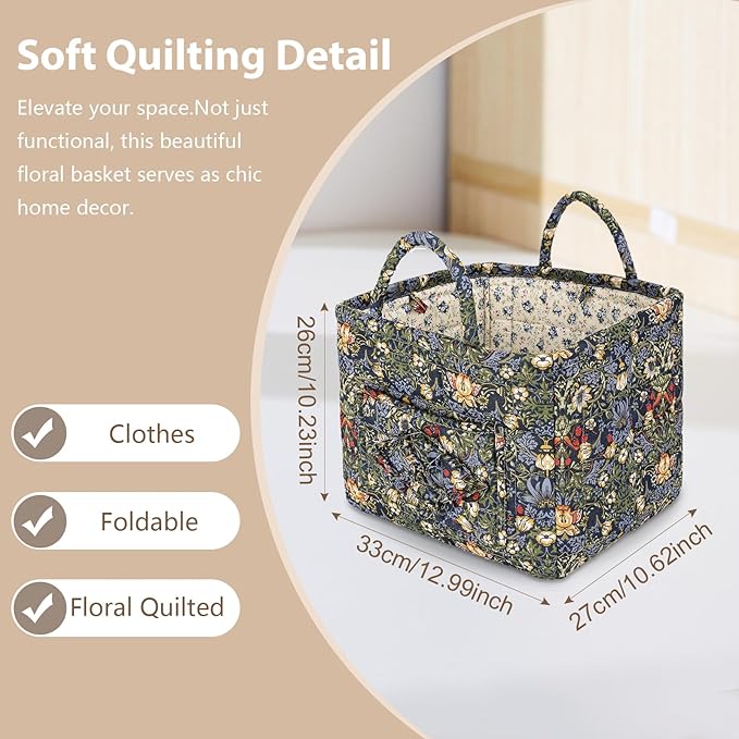 Storage Basket Boho Fabric Large Collapsible Floral Laundry Nursery Hamper Portable Folding Storage for Clothes Toys (Blue)