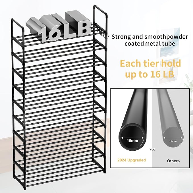Shoe Rack, 10 Tier Shoe Storage Organizer with Hooks,Fit 40-45 Pairs Shoes,Metal Tall Shoe Shelf for Closet Entryway, Space Saving Tower for Living Room Hallway