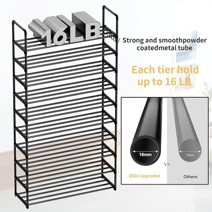 Shoe Rack, 10 Tier Shoe Storage Organizer with Hooks,Fit 40-45 Pairs Shoes,Metal Tall Shoe Shelf for Closet Entryway, Space Saving Tower for Living Room Hallway