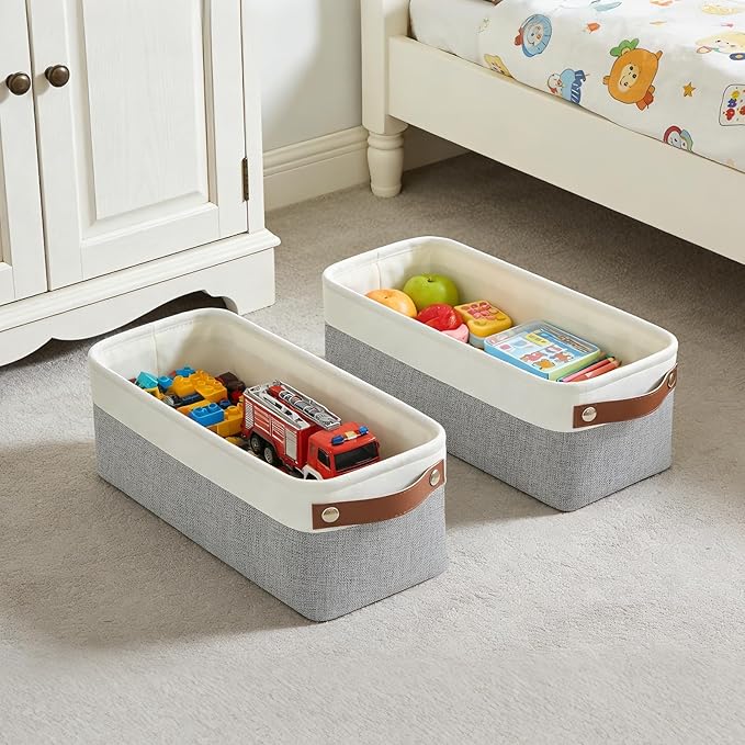 Bagnizer Small Fabric Storage Baskets, 15x6x5 inch Narrow Storage Bins 4-Pack Long Storage Basket for Organizing with Handles, Decorative Basket for Closets, Shelves, Toilet Paper, Grey