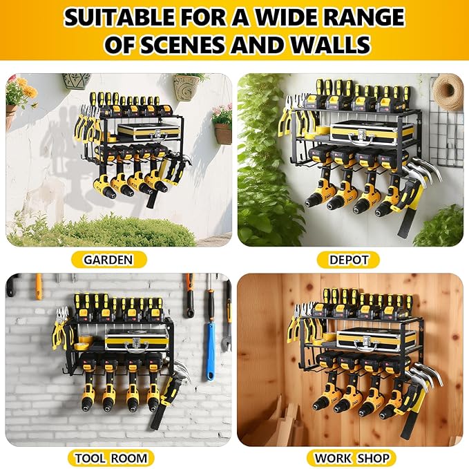Wall Mount Power Tool Organizer, 3 Layers Garage Wall Organize with 4 Cordless Drill Holders, Storage Rack for Workshop/Garage, 150Lbs Load Capacity, Heavy Duty Iron, Matte Black