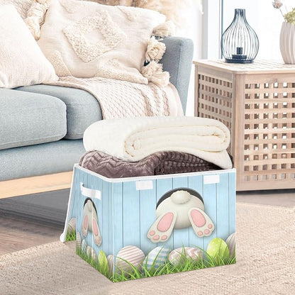 senya Easter Baskets Collapsible Storage Bins with Lids, Easter Bunny Bottom with Pink and Blue Eggs Storage Boxes Clothes Baskets for Organizing
