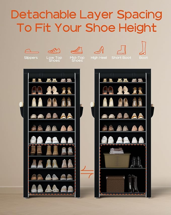 CASAMAYA Shoe Rack with Covers, 10 Tiers Tall Shoe Rack Organizer, Large Capacity Shoe Shelf Storage, Hold 30 Pairs of Shoes, Vertical Shoe Storage Organizer for Closet, Entryway, Black, SRT103B01