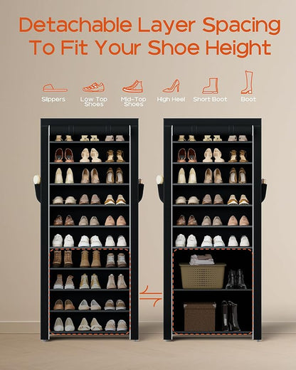 CASAMAYA Shoe Rack with Covers, 10 Tiers Tall Shoe Rack Organizer, Large Capacity Shoe Shelf Storage, Hold 30 Pairs of Shoes, Vertical Shoe Storage Organizer for Closet, Entryway, Black, SRT103B01