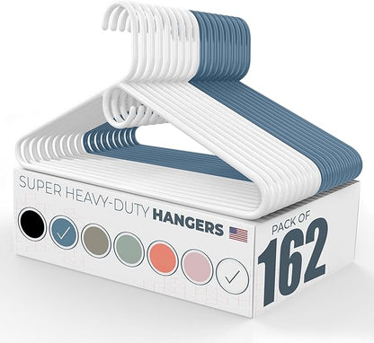 Super Heavy Duty Clothes Hangers 100+ Pack (162 Count) – Made in the USA - 10lb Capacity, Thick Plastic Hangers for Pants, Coats, Jackets, Jeans and Adult Clothing – White & Blue