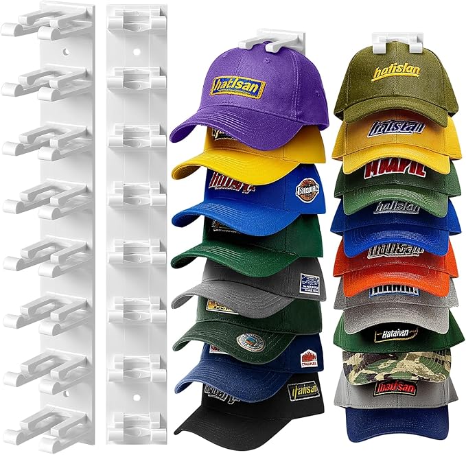 Hat Organizer for Baseball Caps Wall, 2 Pack Hat Holder for Closet Door Hold up to 16 Hats,Hat Hook with Adhesive and 8 Screws, Hat Hanger Cap Holder Hat Hangers for Wall Closet Door Bedroom(A-White)