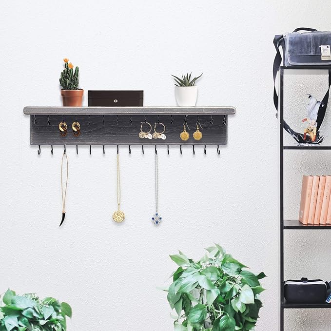 SANY DAYO HOME Jewelry Organizer with 30 Hooks and Cosmetics Shelf, 15 x 3 x 4 inches Wall Mounted Rustic Pine Wood Holder for Necklaces and Bracelets, Suitable for Kids and Adults (Gray)