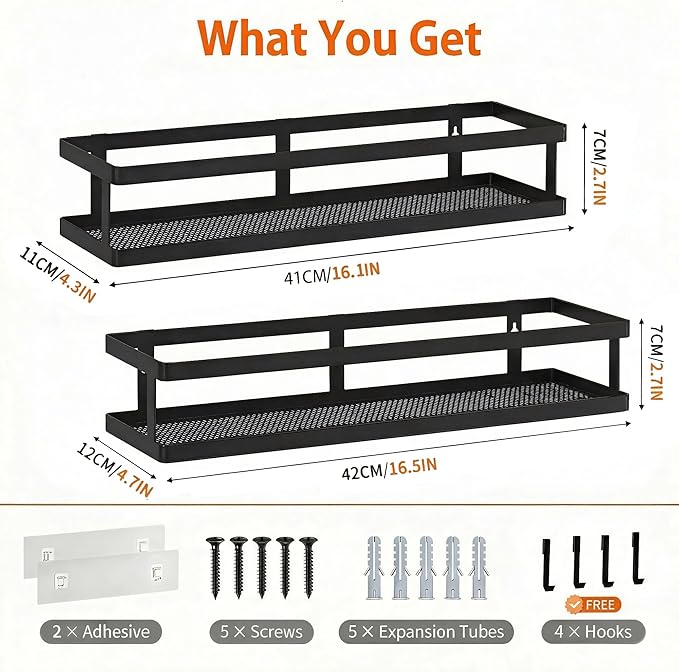 PUSDON 2-Pack 16.5" Extra Long Slim Shower Caddy, Adhesive Wall Mount Bathroom Organizer, Rustproof Open Frame Mesh Spice Rack for Kitchen, Holds 50LBS - Matte Black, Guardrail