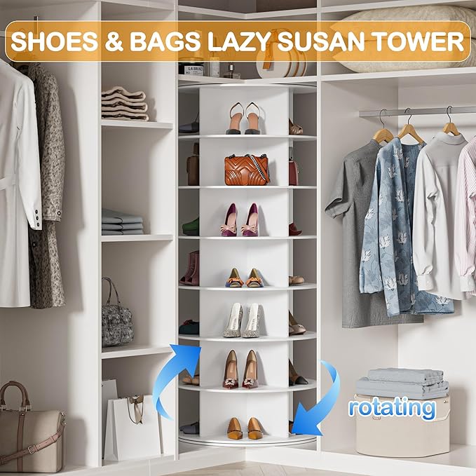 MAGIC UNION Rotating Shoe Rack Tower 7 Tier Organizer, Vertical Spinning Shoe Display Lazy Susan, Revolving 360 White Shoe Rack Storage Round Carousel, Rotate Shoes Closet Organization