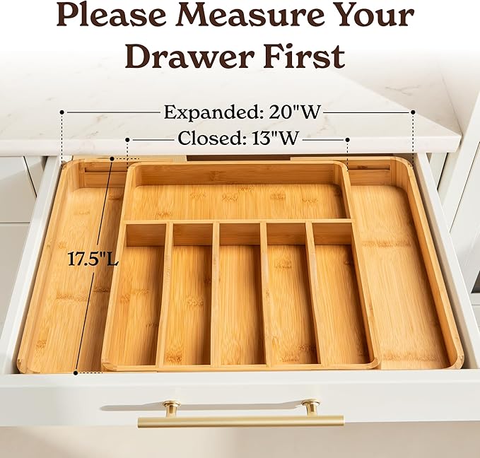 SMIRLY Silverware Drawer Organizer – Bamboo Kitchen Drawer Organizer, Adjustable Utensil Holder and Cutlery Tray, Drawer Dividers for Flatware and Kitchen Utensils | Adjustable