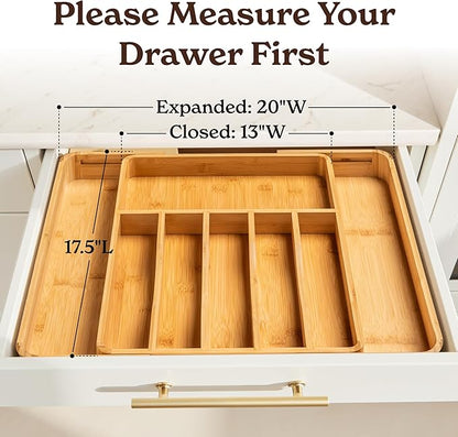 SMIRLY Silverware Drawer Organizer – Bamboo Kitchen Drawer Organizer, Adjustable Utensil Holder and Cutlery Tray, Drawer Dividers for Flatware and Kitchen Utensils | Adjustable