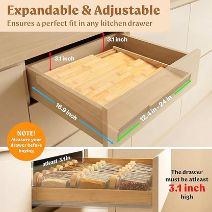 EDELHAUS Bamboo Spice Drawer Organizer - Expandable 4 Tier Spice Rack (Need 3" Deep Drawer) 12" to 24" Wide, Seasoning Organizer, Organization Seasoning Rack insert (Jars Not Included)