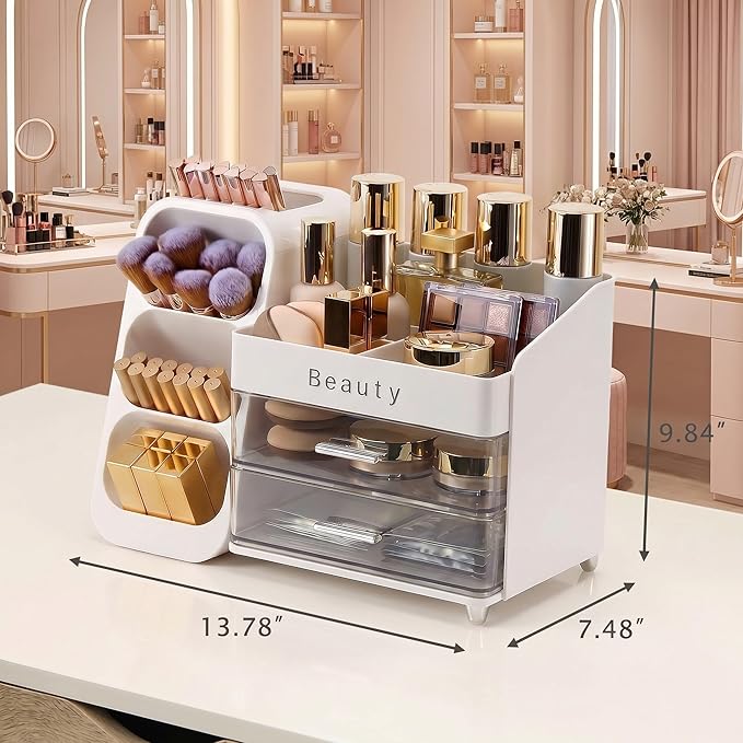 Makeup Organizer for Vanity with Brush Holder, Countertop Makeup organizer with Drawers for Skincare, Cosmetics, Perfumes, Eyeshadow Palettes, Spacious Cosmetic storage organizer