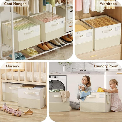 NestOrganix 2 Pack Shoe Organizer for Closet, Large Shoe Box Storage Containers, Foldable Shoe Storage Organizer Box Bin with Adjustable Dividers and Clear Cover, Space Saving Shoes Holder, Beige