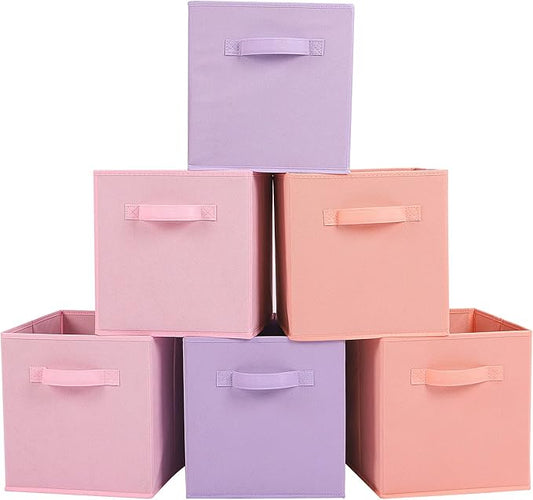 Stero Fabric Storage Bins 6 Pack Fun Colored Durable Storage Cubes with Fabric Handles Foldable Cube Baskets for Home, Kids Room, Closet and Toys Organization Purple, Pink, peachpuff
