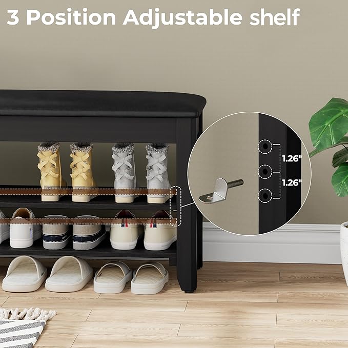 Homleke Shoe Rack Bench with Flip-Top Storage, Solid Wood Entryway Bench with Cushion, Adjustable Shelf, for Hallway, Mudroom, Closet – Black, 39.4"