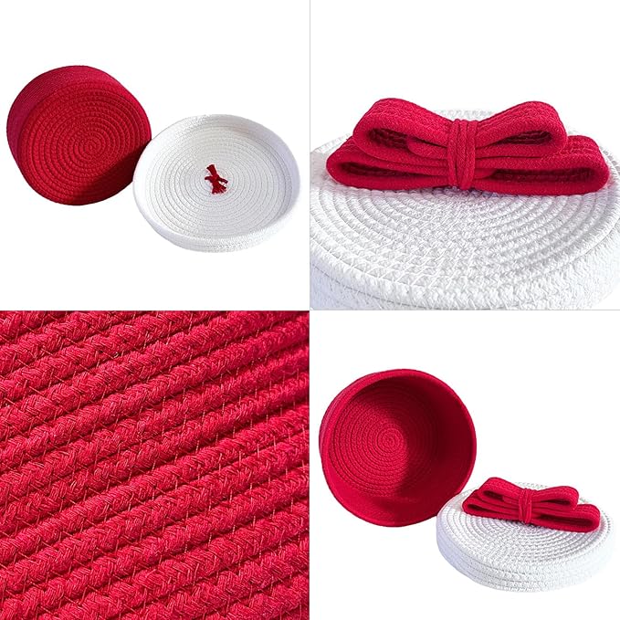Small Storage Baskets with Lids, Round Woven Rope Basket with Lid, Cute Storage Box for Small Toy, Gift or Home Decor, Decorative Basket with Cute Bow Handle, Red
