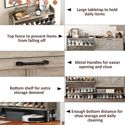 HOMEFORT Shoe Storage Cabinet for Entryway, 30" Freestanding Organizer with Two Flip Drawers, Narrow Hidden Shoe Rack with Wood Legs, Farmhouse Shoe Cabinet for Front Door Entrance,Washed Gray