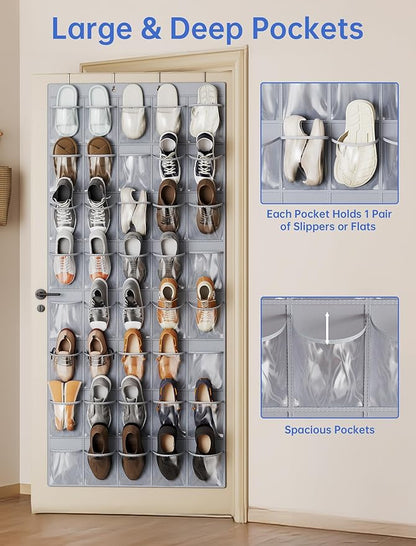 NiHome Over the Door Shoe Organizer with 40 Clear Pockets, Hanging Closet Storage Rack for 20+ Pairs of Shoes, Waterproof PVC Space-Saving Headphone & Cell Phone Holder for Classroom Dorm, Laundry
