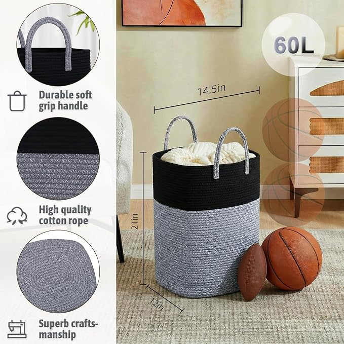Laundry Basket,Woven Cotton Rope Laundry Hamper,Versatile Storage for Dirty Clothes,Baby Toys,and Blankets in Bathroom, Nursery,and Living Room (Black, 60L)