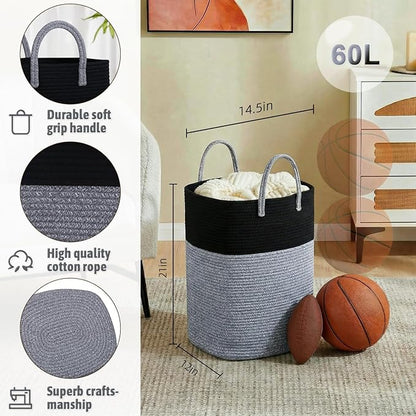 Laundry Basket,Woven Cotton Rope Laundry Hamper,Versatile Storage for Dirty Clothes,Baby Toys,and Blankets in Bathroom, Nursery,and Living Room (Black, 60L)