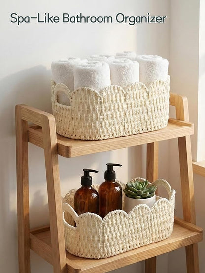 Coeusy Paper Rope Scalloped Basket Set of 2,Hand-woven Storage Baskets for Shelves,Nursery,Books,Toys,Cute Boho Decor Baskets for Organizing,White