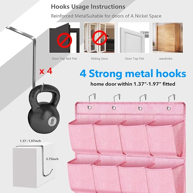 homyfort Pink Shoe Organizer Over the Door for Girls Women Kids Room,Hanging Shoe Rack Organizer for Closet Door,Zapateras Storage Holder with 24 Large Pockets & 4 Sturdy Hooks for Shoes,Slippers