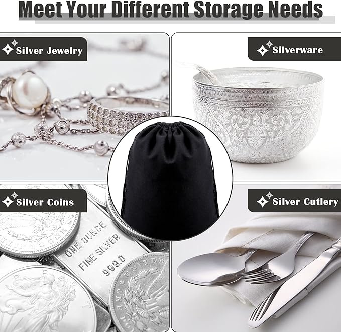 Fumete 8 Pcs Silver Storage Bags Anti Tarnish Storage Bags 18" x 18" 9" x 11.8" Silver Protector for Jewelry Silverware Protection Resistant Tarnish for Silverware Flatware(Black)