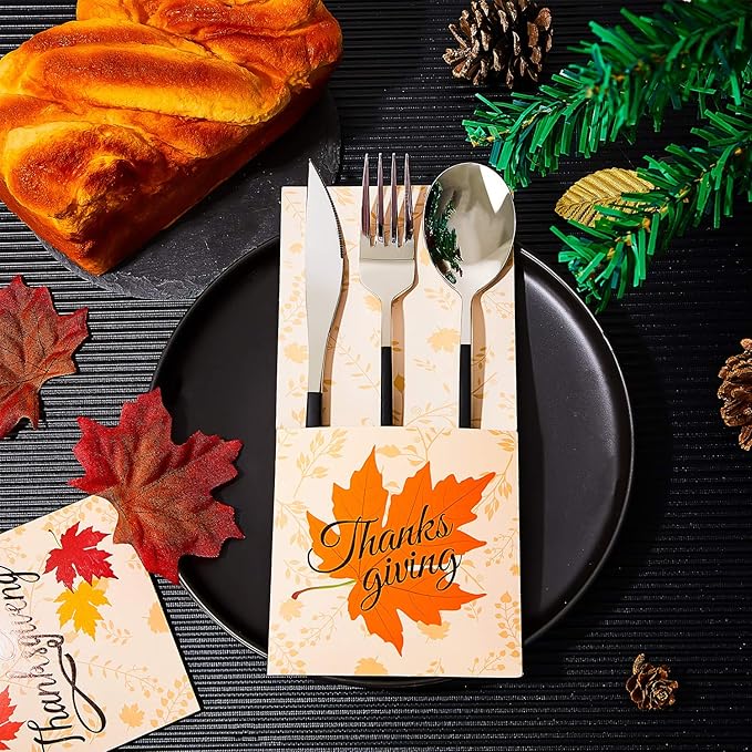 36 PCS Thanksgiving Silverware Cutlery Holders Thanksgiving Utensil Decor Fall Decor for Home Thanks Maple Leaf Silverware Paper Pouch Fall Harvest Party Supplies