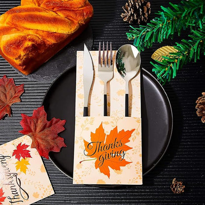 36 PCS Thanksgiving Silverware Cutlery Holders Thanksgiving Utensil Decor Fall Decor for Home Thanks Maple Leaf Silverware Paper Pouch Fall Harvest Party Supplies
