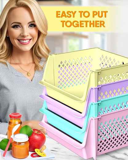 TidyFriend 4 Pk Large Stackable Storage Bins Open Front for Pantry Organizers and Storage, Pantry Storage for Food, Kitchen and Home Organization, Plastic Storage Bins, Dorm Room Essentials (Multi)