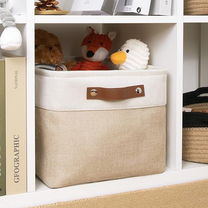 DULLEMELO Fabric Storage Basket for Shelves/Closets, Collapsible Rectangle Basket for Organizing Clothes, Towels, Books, Laundry, Nursery, Dog Basket Empty (White&Khaki)