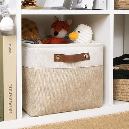 DULLEMELO Fabric Storage Basket for Shelves/Closets, Collapsible Rectangle Basket for Organizing Clothes, Towels, Books, Laundry, Nursery, Dog Basket Empty (White&Khaki)