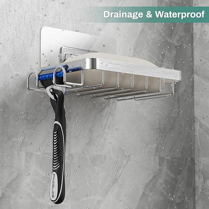 Bar Soap Holder for Shower, Adhesive Self Draining Shower Soap Bar Holder Dish Wall Mounted, Bathroom Soap Container Caddy Tray Saver Case Box for Loofah Razor Shampoo, Silver