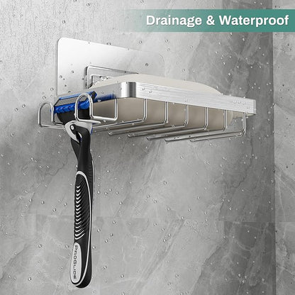 Bar Soap Holder for Shower, Adhesive Self Draining Shower Soap Bar Holder Dish Wall Mounted, Bathroom Soap Container Caddy Tray Saver Case Box for Loofah Razor Shampoo, Silver