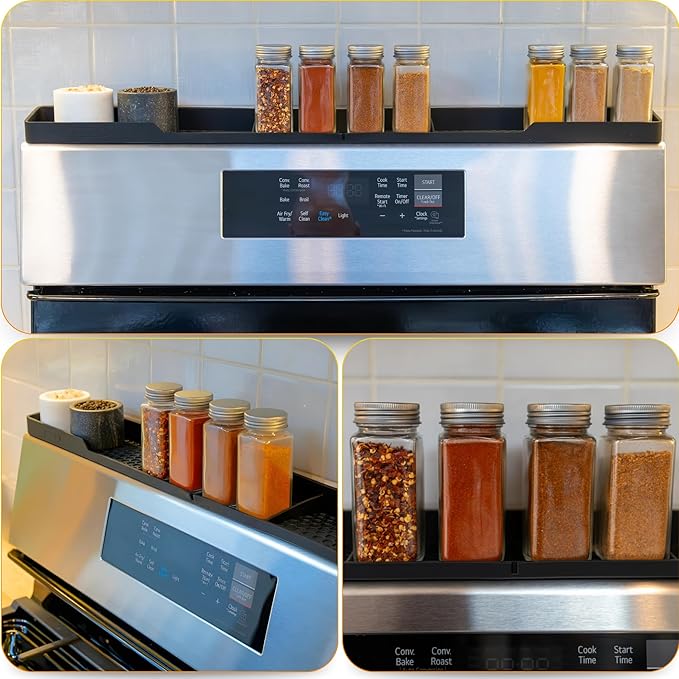TEO Magnetic Stove Top Shelf - 30 Inch Silicone Over the Stove Spice Rack for Kitchen Gadgets Storage Organization, Heat-Resistant, No Installation, Dishwasher Safe, Over Oven Shelf Black