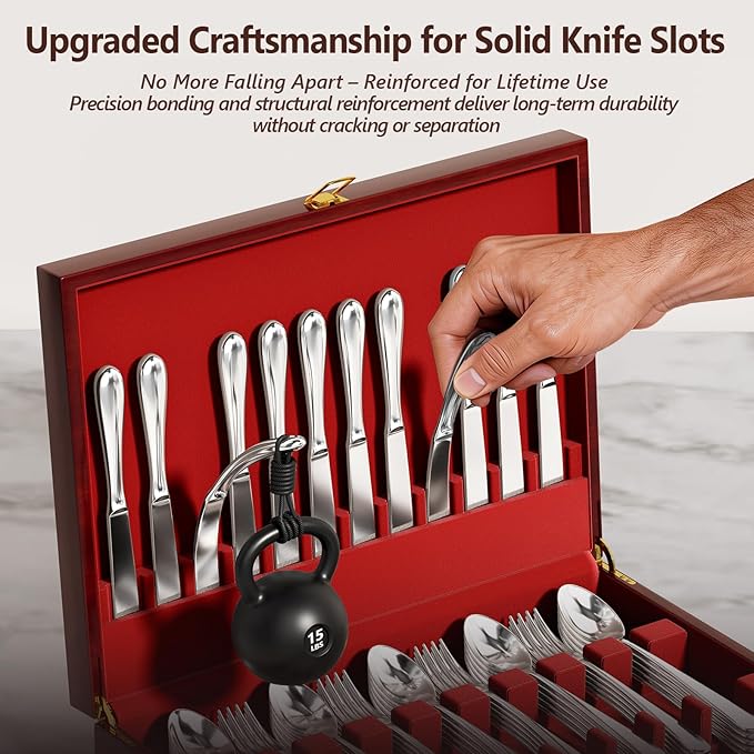 Solid Mahogany Silverware Storage Box,Silverware Chest without Silverware,Flatware Case with Red Felt Lined and Lid,Silverware Boxes for Flatware,Wooden Flatware Storage Box for 12 Sets of Utensils