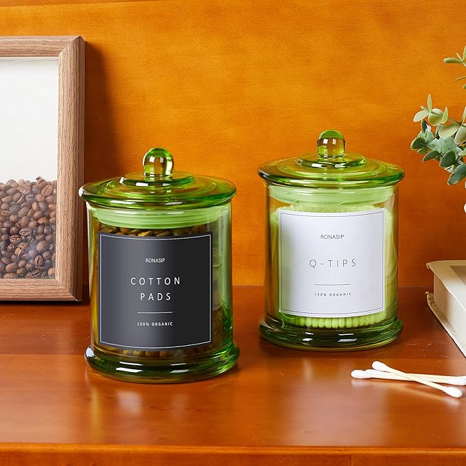 Ronasip Qtip Holder & Cotton Pad Dispenser, Bathroom Organizer and Storage Canisters, 16oz Glass Apothecary Jars for Kitchen, Restroom - Home Decor Accessories, Room Decor Aesthetic (2 Pack, Green)