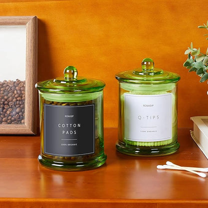 Ronasip Qtip Holder & Cotton Pad Dispenser, Bathroom Organizer and Storage Canisters, 16oz Glass Apothecary Jars for Kitchen, Restroom - Home Decor Accessories, Room Decor Aesthetic (2 Pack, Green)