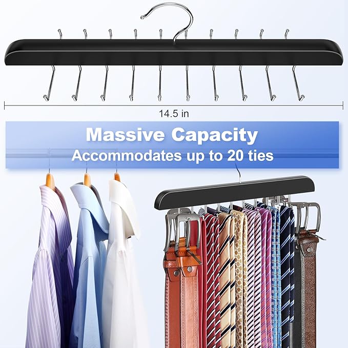 RESOVO Upgraded Tie Rack Hanger with 20 Foldable Metal Hooks, Space Saving Necktie Organizer for Men – Large Capacity Tie and Belt Wooden Hanger for Closet - Black 2 Pack