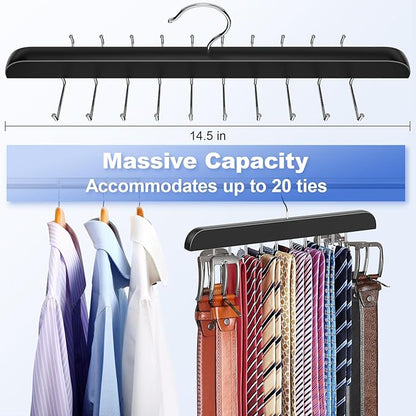 RESOVO Upgraded Tie Rack Hanger with 20 Foldable Metal Hooks, Space Saving Necktie Organizer for Men – Large Capacity Tie and Belt Wooden Hanger for Closet - Black 2 Pack