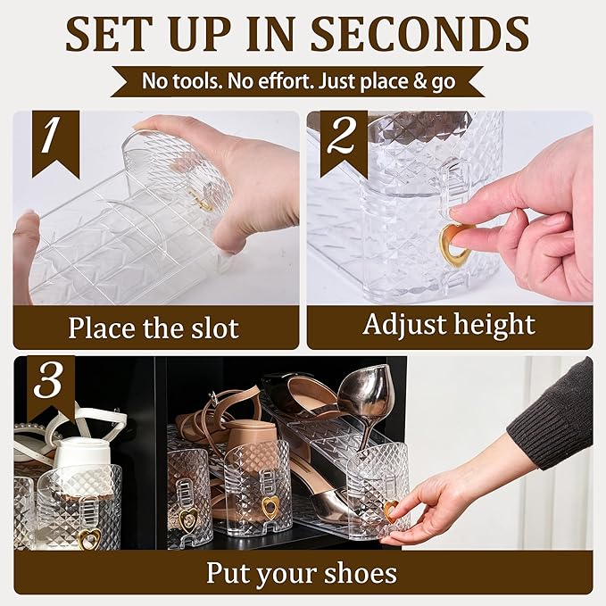 Shoe Stacker 12 Pack, Shoe Slots Organizer for Closet, 3 Levels Adjustable Shoe Space Saver to Save 50% Space, Clear Anti Slip Shoe Rack Organizer Holders for Sneakers, Heels & Sandals