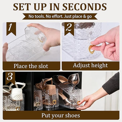 Shoe Stacker 12 Pack, Shoe Slots Organizer for Closet, 3 Levels Adjustable Shoe Space Saver to Save 50% Space, Clear Anti Slip Shoe Rack Organizer Holders for Sneakers, Heels & Sandals