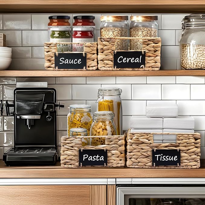 Set of 4 Sizes Hand-Woven Pantry Shelf Baskets, Hyacinth Storage Baskets with Chalkboard Labels & 2 Chalk Markers, Wicker Nestable Shelf Basket Set for Organizing Pantry Laundry Shelves