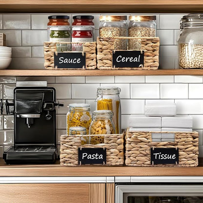 Set of 4 Sizes Hand-Woven Pantry Shelf Baskets, Hyacinth Storage Baskets with Chalkboard Labels & 2 Chalk Markers, Wicker Nestable Shelf Basket Set for Organizing Pantry Laundry Shelves