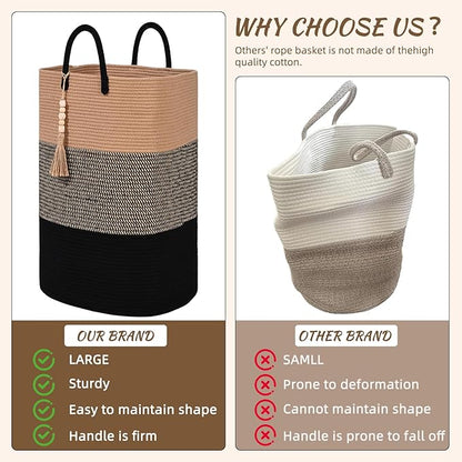 Woven Laundry Basket for Clothes, 50 L Large Rectangle Laundry Hampers with Beads Tassel, Nursery Storage Basket for Toys, Tall Dirty Clothes Hamper for Bedroom Aesthetic, Laundry Room Organization